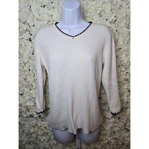 Vtg Jennifer Moore 2/3 Sleeve Sweetheart Sweater M, Cream/ Black Edging, Classic